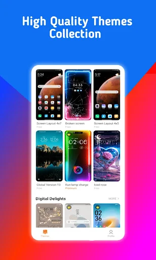 HyperOS MIUI Themes app showing high quality theme collection with phone previews displaying various wallpapers and icons