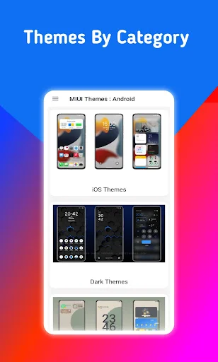 MIUI Themes app categories screen showing Android, iOS and Dark theme collections with phone preview thumbnails