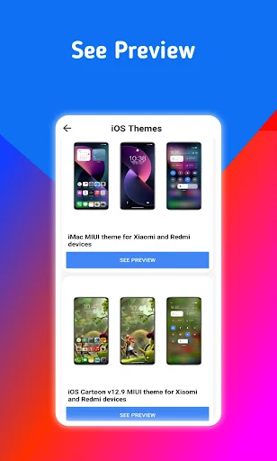 Theme preview screen in HyperOS app displaying iOS and cartoon style MIUI themes for Xiaomi and Redmi devices