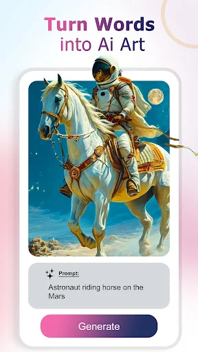 Reverse image search app showing AI art generator with astronaut on horse artwork and prompt text input feature