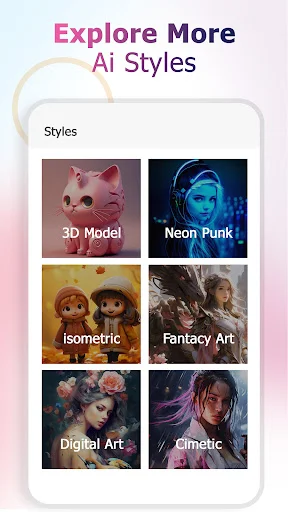 AI image style selector screen displaying 6 art categories: 3D Model, Neon Punk, Isometric, Fantasy Art, Digital Art, Cinematic
