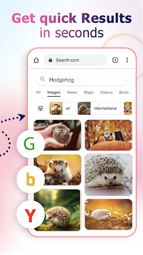 Search results page showing multiple hedgehog images from Google, Bing, Yandex engines for reverse image lookup tool