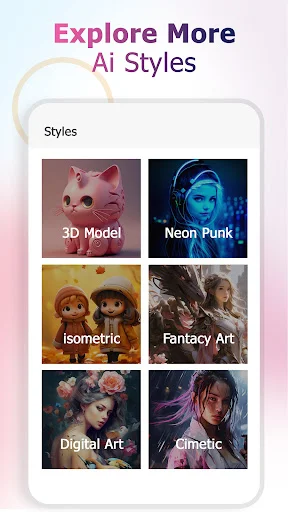 AI style selection grid displaying creative options including 3D Model, Neon Punk, Isometric, Fantasy Art, Digital Art, and Cinematic styles for image generation