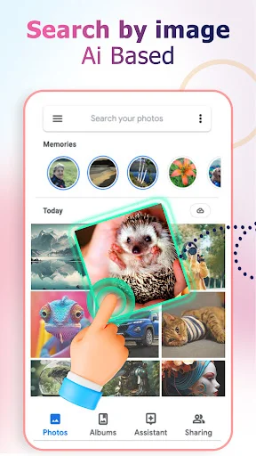 Image search interface with circular memory photo previews and grid of animal photos, hand tapping to initiate reverse image search lookup functionality