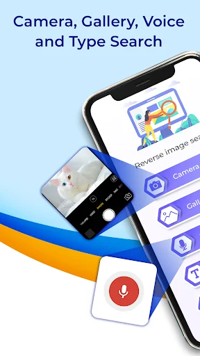 Image Search app interface showing four search methods: camera, gallery, voice, and text input for reverse image search
