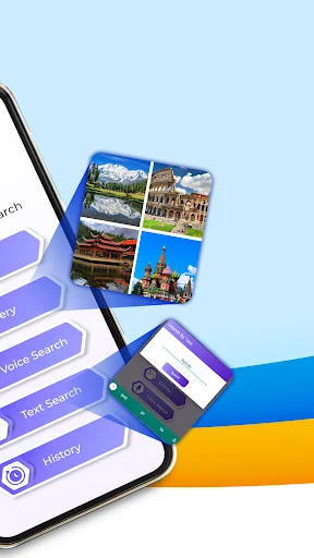 Image Search app gallery feature displaying landmark photos with voice search, text search, and history options available