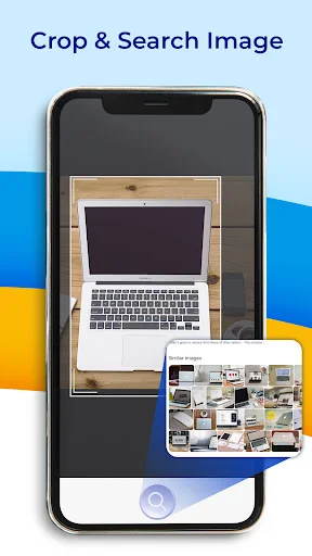 Image crop editor showing laptop photo with visual reverse search result thumbnails