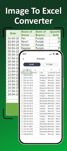 Image To Excel Converter app displaying converted spreadsheet with table columns for Date, Name of Items, State of Buyers, and Quantity Sold on mobile device screen.