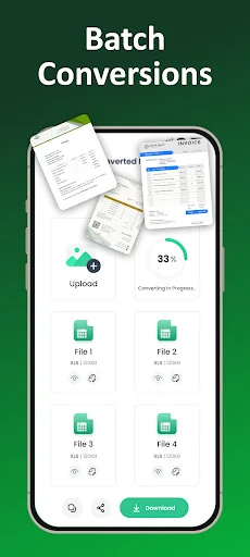 Batch Conversions interface showing upload option, 33% conversion progress indicator, and four file cards ready for bulk processing with Download button.