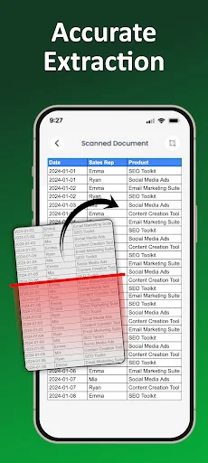 Accurate Extraction feature displaying scanned document image and extracted data table with Product, Sales Data columns in structured Excel format.