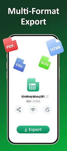Multi-Format Export options showing PDF, CSV, HTML, and XLSX file formats available, with XLSX file size 120KB and green Export button.