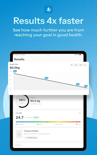 Inject GLP-1 tracker weight loss results dashboard showing 80kg starting weight, 58% progress toward health goal, and declining weight trend graph with health metrics