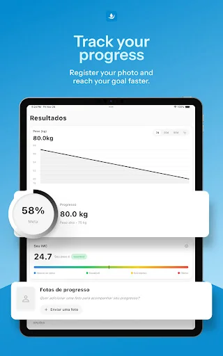 Inject progress tracking app displaying weight loss results graph, 58% advancement toward goal, 80kg current weight, and progress photo gallery for documentation