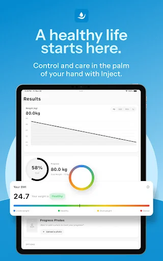 Inject app healthy life dashboard displaying circular progress wheel, 80kg current weight, BMI 24.7, and personalized health tracking metrics in one view