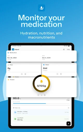 Inject medication monitoring screen with date range selector (Nov 28 - Dec 1), GLP-1 dosage tracking showing 0/105g intake, and hydration metrics