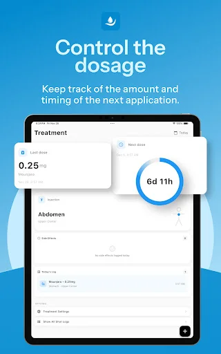 Inject dosage control screen displaying 0.25mg treatment dose, 6 days 11 hours countdown timer until next injection, and Abdomen injection site location