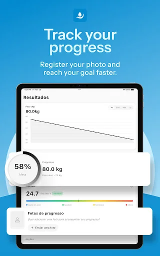 Inject progress tracker app showing weight results graph, 58% completion toward goal, 80kg current weight, and progress photos upload section for tracking changes