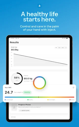 Inject app healthy life interface with colorful circular progress indicator, 80kg current weight tracking, and comprehensive health metrics dashboard