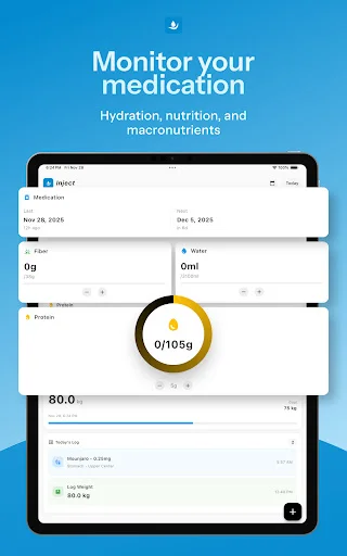 Inject GLP-1 medication tracker screen showing date range Nov 28 - Dec 1, dosage monitoring 0/105g, and medication intake logging with visual indicators