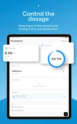 Inject treatment dosage control app showing 0.25mg injection amount, 6 days 11 hours timer until next dose, injection site selection, and appointment scheduling