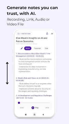 Instant AI Notes app interface showing generated notes from Elon Musk recording with timestamps and transcription preview