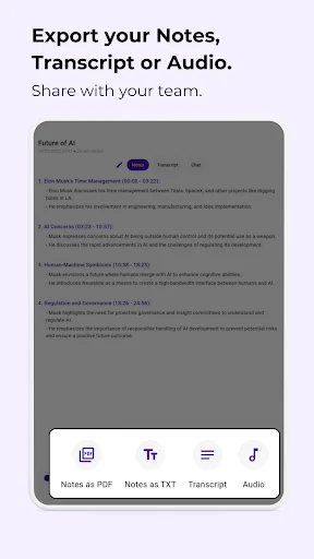 Export menu displaying sharing options for AI-generated notes, transcripts, and audio files for team productivity