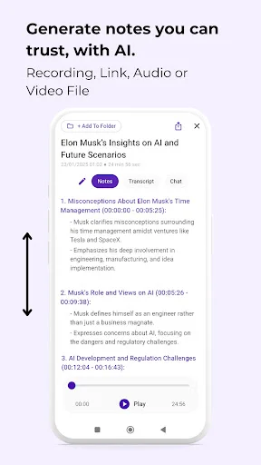 Main interface of AI Notes app showing organized transcript of Elon Musk recording with playback controls and notes