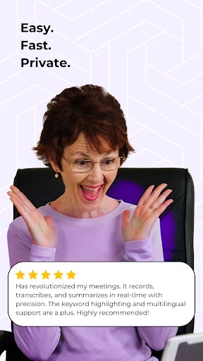 User testimonial showcasing AI transcription app benefits with 5-star rating emphasizing ease and privacy features
