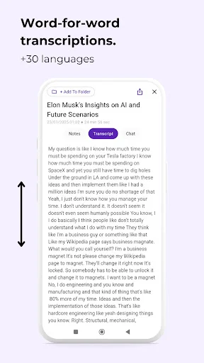 Transcript viewer displaying detailed AI and future scenarios discussion with multilingual transcription capabilities