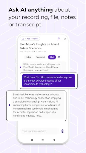 AI-powered chat interface for querying recorded content with highlighted questions about technology and AI topics