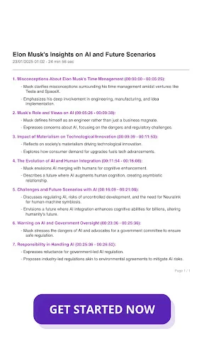 Complete transcript listing with GET STARTED NOW call-to-action for AI-powered note-taking and transcription productivity app