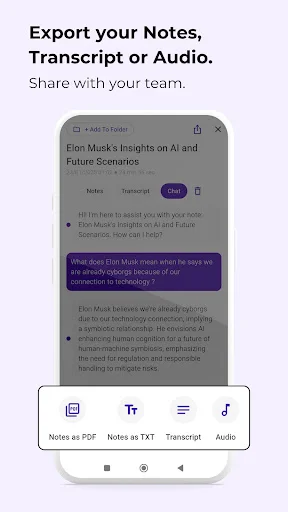 Export notes interface with options to save as PDF, TXT, Transcript, or Audio format