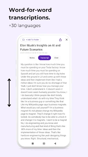 Word-for-word transcription feature in AI Notes app showing detailed Elon Musk interview text in 30+ languages