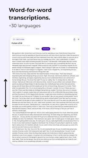 Detailed transcript view showing word-for-word AI and technology discussion with multilingual transcription support