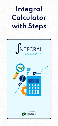Integral Calculator with Steps app splash screen displaying branded logo with colorful mathematical graphics including calculator and integral symbols
