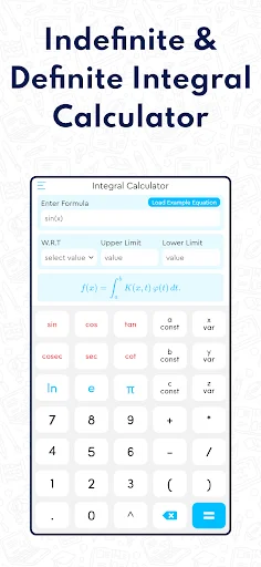Indefinite and Definite Integral Calculator interface with formula input, upper and lower limit fields, and complete scientific calculator keypad