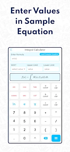 Enter Values in Sample Equation screen showing integral calculator with function formula field and mathematical keypad for solving integrations