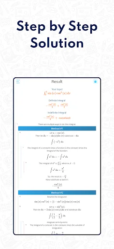 Step-by-Step Solution view displaying detailed integral calculation steps with blue section headers, mathematical formulas, and explanations