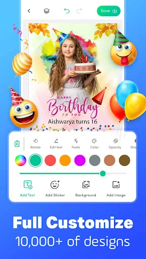 Birthday invitation card editor with full customization including photos, colors, stickers and backgrounds