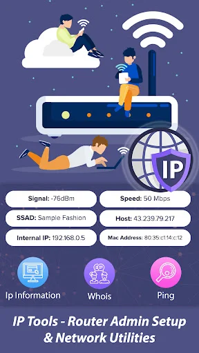 IP Tools home screen showing WiFi network analysis, router setup, and network utilities: IP Information, Whois, Ping