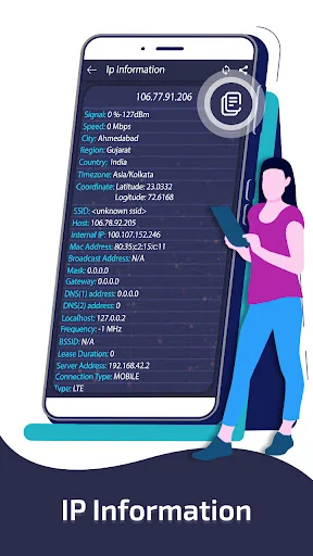 IP Information tool displaying public IP address, ISP, city, country, coordinates, timezone, and detailed network data