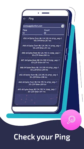 Ping test results showing network connectivity with ping times, packet loss, latency data, and response statistics