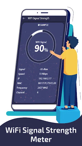 WiFi Signal Strength Meter displaying 90% signal quality with WiFi speed, MAC address, frequency, and channel data