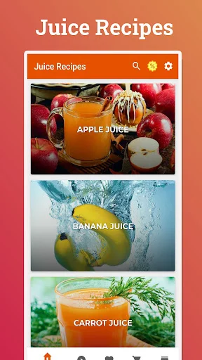 Juice Recipes app home screen showing apple juice, banana juice, and carrot juice recipes with colorful fruit images