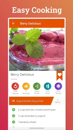 Berry Delicious juice recipe screen displaying purple smoothie with mint garnish and ingredients list including berries