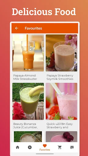 Favorites section in Juice Recipes app featuring papaya-almond, strawberry smoothies, and cucumber juice recipes