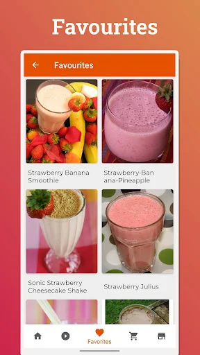 Juice Recipes favorites page showing strawberry banana smoothie, pineapple juice, and cheesecake shake options