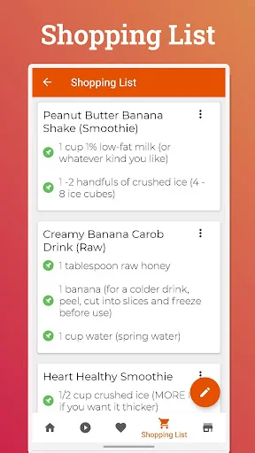 Shopping list feature for juice recipes showing peanut butter banana shake and carob drink ingredient lists