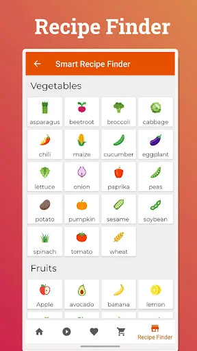 Smart Recipe Finder with vegetable and fruit icons including asparagus, beetroot, apple, and avocado selections
