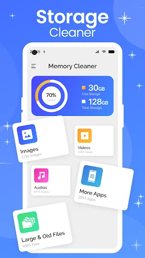 Storage Cleaner categories screen displaying images, videos, audios, more apps, and large files options for targeted phone cleaning